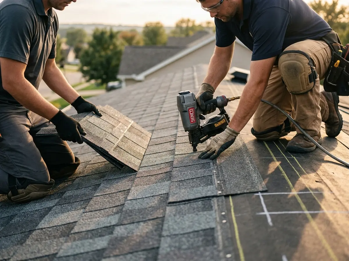 Professional roofer working on a residential roof in Central Point